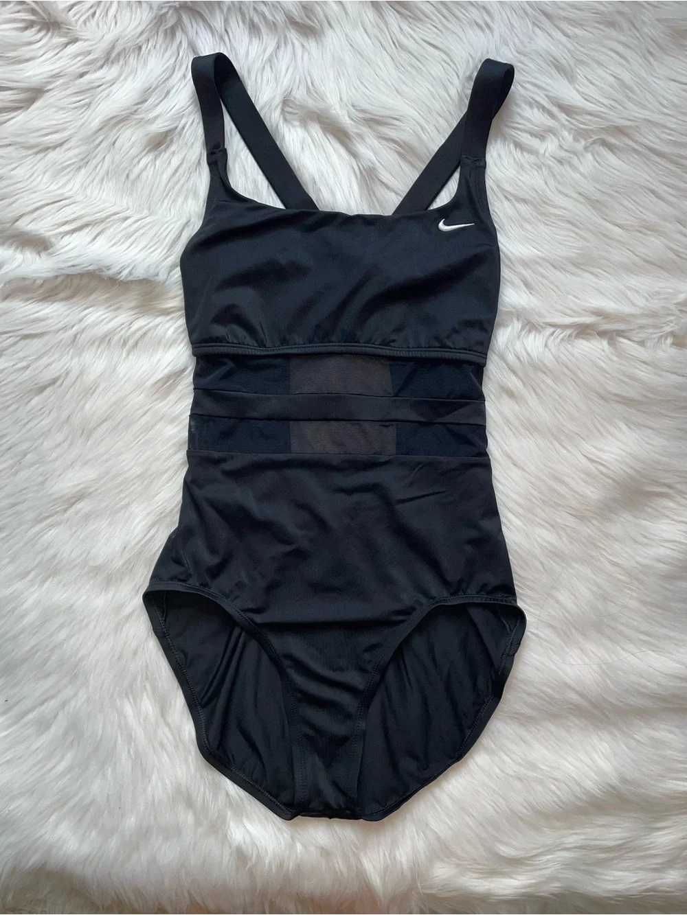 Nike one piece swimsuit black mesh v back swim suit women’s L large bathing suit